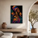 Afro Woman in Colorful Headwrap with Bird of Paradise Metal Wall Art