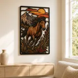 Running Bay Horse with Mountain Sunset Colorful Metal Wall Art