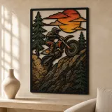 Dirt Bike Rider Jumping on Mountain Trail Colorful Metal Wall Art