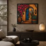 Blue Adobe Door with Bougainvillea and Cactus Colorful Metal Wall Art