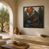 Mountain Lake Cabin beneath Full Moon Colorful Metal Wall Art