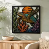 Sea Turtle Swimming through Colorful Coral Reef Metal Wall Art