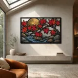 Red Maple Branch over Lotus Stream and Full Moon Colorful Metal Wall Art