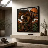 Praying Cowboy beside Saddled Horse at Sunset Colorful Metal Wall Art