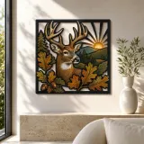 Whitetail Deer with Autumn Oak Leaves and Sunrise Colorful Metal Wall Art
