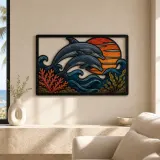 Two Dolphins over Ocean Waves at Sunset Colorful Metal Wall Art