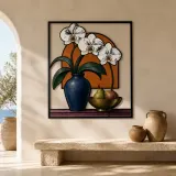 White Orchids in Blue Vase with Fruit Colorful Metal Wall Art