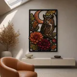 Great Horned Owl with Dahlias and Crescent Moon Colorful Metal Wall Art