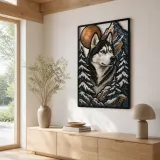 Siberian Husky in Snowy Mountains beneath Moon Colorful Metal Wall Art