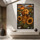 Golden Retriever with Sunflowers at Sunset Colorful Metal Wall Art
