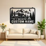 Personalized Camper Trailer Metal Wall Art with Mountain Camp