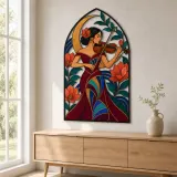 Woman Violinist with Flowers and Crescent Moon Colorful Metal Wall Art