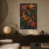Koi Fish with Lotus Flowers and Copper Sun Colorful Metal Wall Art