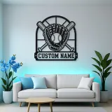 Personalized Baseball Glove Ball and Crossed Bats Metal Wall Art