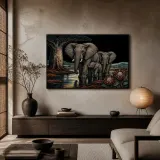 Elephant Family beneath Baobab by Water Colorful Metal Wall Art