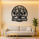 Personalized Football Player Crossed Balls Flame Metal Wall Art