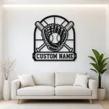 Personalized Baseball Glove Ball and Crossed Bats Metal Wall Art