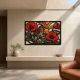 Robin among Red Poppies at Sunrise Colorful Metal Wall Art