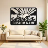 Personalized Lighthouse Metal Wall Art with Ocean Waves