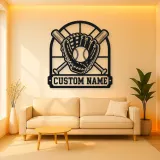 Personalized Baseball Glove Ball and Crossed Bats Metal Wall Art