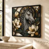 Braided Gray Horse with White Magnolia Flowers Colorful Metal Wall Art