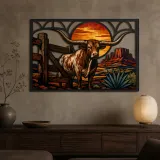 Texas Longhorn by Desert Ranch at Sunset Colorful Metal Wall Art