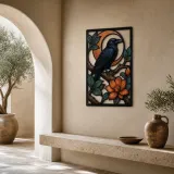 Black Raven on Branch with Crescent Moon Colorful Metal Wall Art