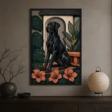 Black Great Dane with Tropical Leaves and Hibiscus Colorful Metal Wall Art