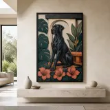 Black Great Dane with Tropical Leaves and Hibiscus Colorful Metal Wall Art
