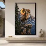 Bighorn Ram on Mountain Cliff at Sunset Colorful Metal Wall Art