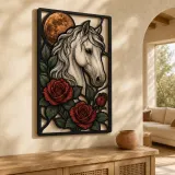 White Horse with Red Roses and Full Moon Colorful Metal Wall Art