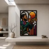 Black Trumpet Player in Mid Century Jazz Scene Colorful Metal Wall Art