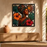 Afro Woman in Headwrap with Tropical Hibiscus Colorful Metal Wall Art
