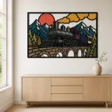 Vintage Steam Train Crossing Mountain Bridge Colorful Metal Wall Art
