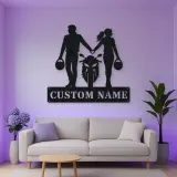 Personalized Helmet Holding Motorcycle Couple Metal Wall Art