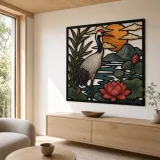 Japanese Crane in Lotus Pond at Sunset Colorful Metal Wall Art