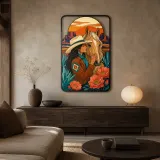 Cowgirl with Horse Protea Flowers and Desert Sunset Colorful Metal Wall Art