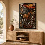 Running Bay Horse with Mountain Sunset Colorful Metal Wall Art
