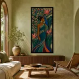 Donna Afro con Piume di Pavone e Fiori Tropicali Arte Murale in Metallo Colorato