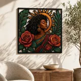 Donna Afro con Rose e Sole Raggiante Arte Murale in Metallo Colorato