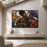 Afro Woman Violinist with Hibiscus and Moon Colorful Metal Wall Art