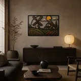 Country Windmill Farm beneath Golden Sun Colorful Metal Wall Art