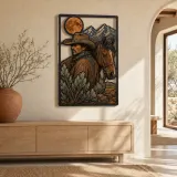 Cowboy with Horse Mountains and Full Moon Colorful Metal Wall Art