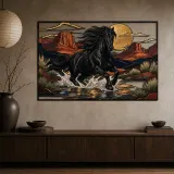Black Horse Running through Desert Stream Colorful Metal Wall Art