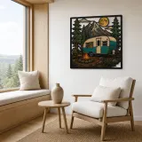 Retro Camper Trailer at Mountain Campfire Colorful Metal Wall Art