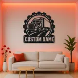 Personalized Semi Truck Metal Wall Art with Gear Frame