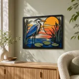 Great Blue Heron in Sunset Pond with Cattails Colorful Metal Wall Art