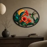 Hummingbird with Orange Trumpet Vine Flowers Colorful Metal Wall Art