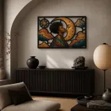 Afro Woman Embracing Crescent Moon among Clouds Colorful Metal Wall Art