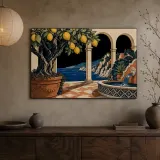 Mediterranean Lemon Courtyard with Sea View Colorful Metal Wall Art